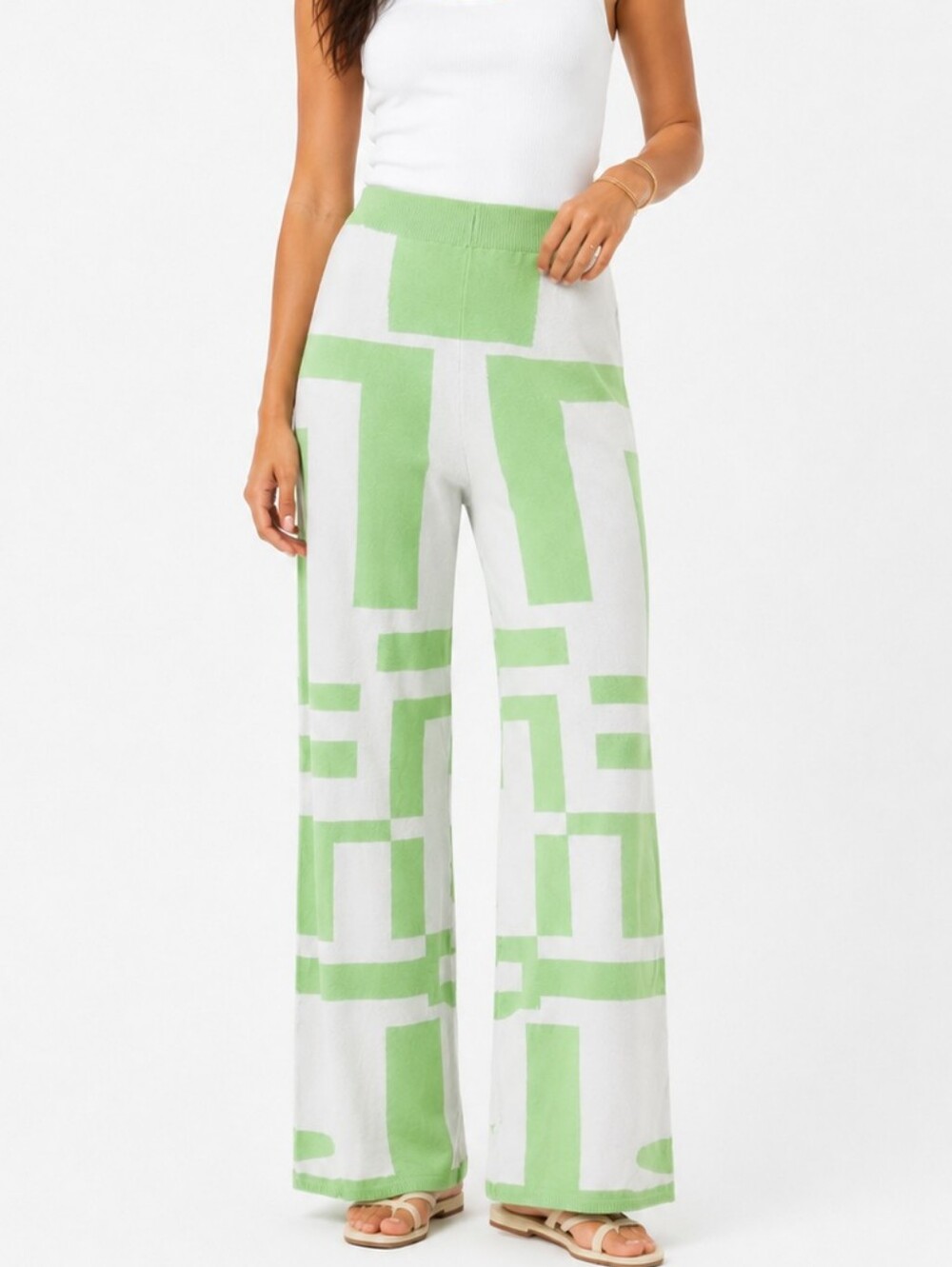 Princess Polly Green White Knit Wide Leg Pants Coastal Chic NWOT